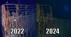 Side-by-side comparison of the Titanic wreck. The 2022 image shows a rusty, seaweed-covered railing in fair condition. The 2024 image shows more advanced decay, with the structure more deteriorated and covered in marine growth.