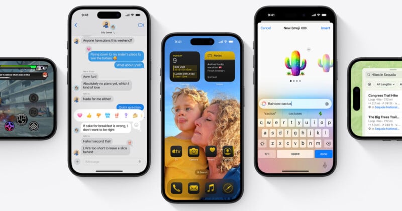  gaming, messaging, home screen widgets with a photo of an adult and child, and composing an emoji message featuring a rainbow cactus.