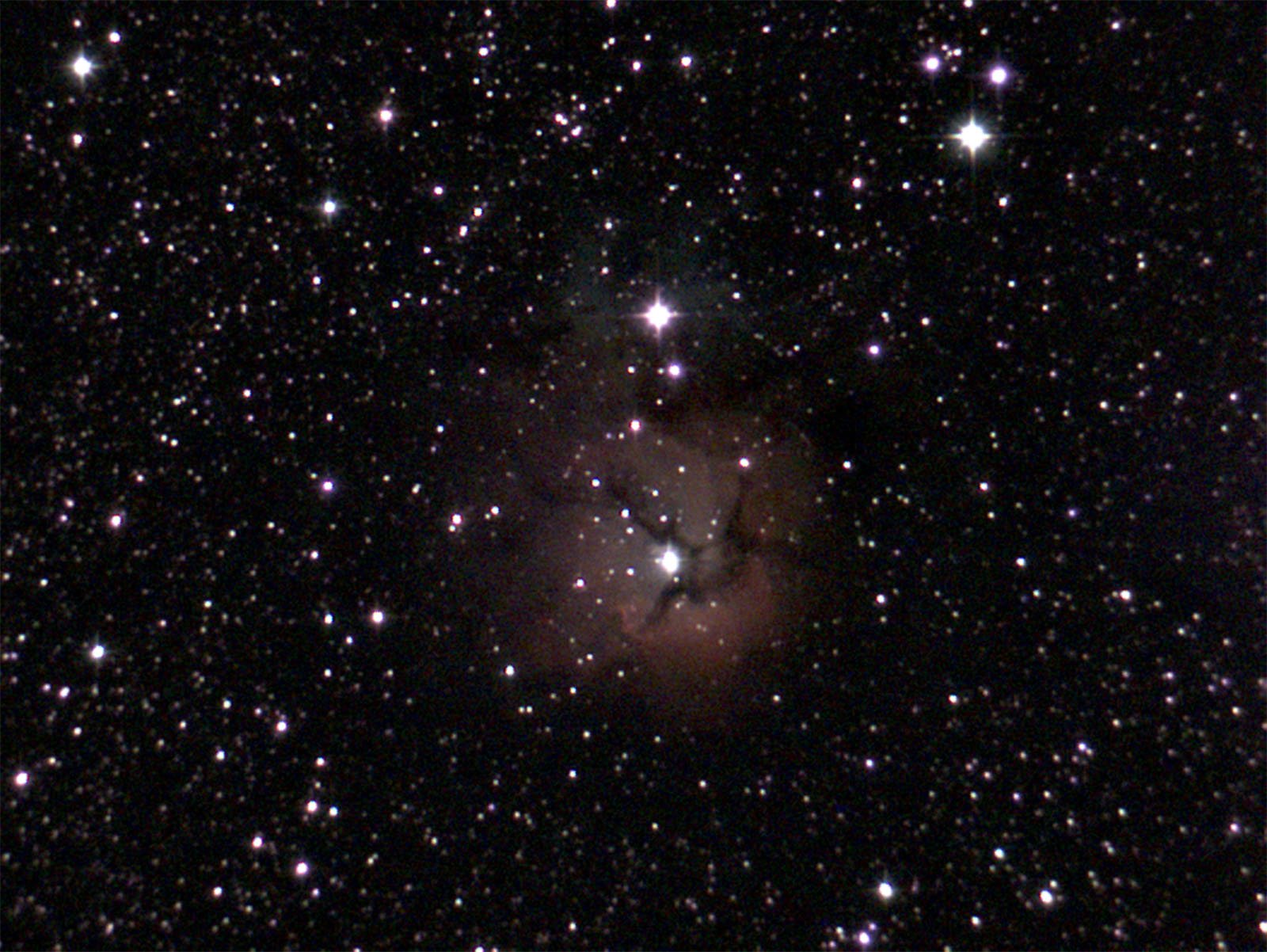 An image of the Trifid Nebula, featuring a glowing central region with dark, branching dust lanes against a backdrop of numerous stars scattered across the blackness of space.