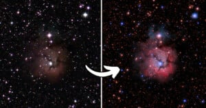 Two images of a star-filled sky side by side, showing the same nebula. The left image displays a darker, less detailed nebula, while the right image features a brighter, more vivid nebula with pink and blue colors, highlighted stars, and more intricate details.