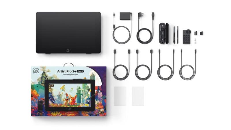 Image showing a digital drawing tablet along with its accessories. The tablet is the XP Pen Artist Pro 24. The package includes various cables, a pen with multiple nibs, a stand, a power adapter, and a box displaying a colorful drawing.