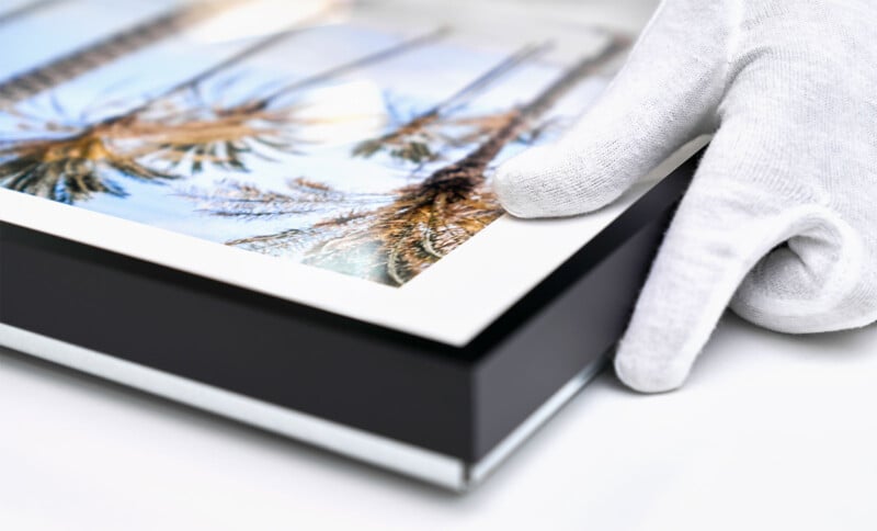 A gloved hand carefully holds a framed photograph of tall palm trees against a blue sky. The black frame has a white mat border. The photo appears glossy and reflective under the light.