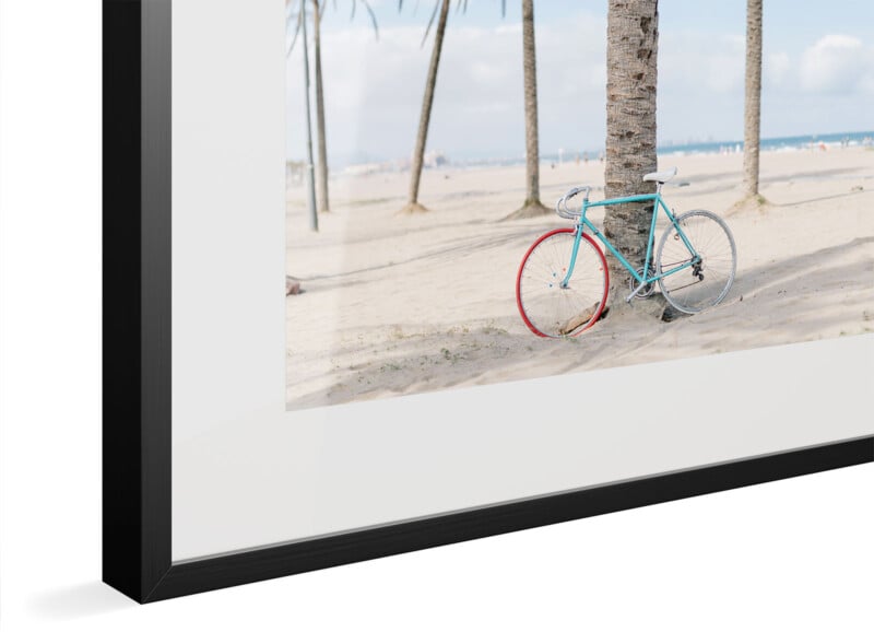 Framed photograph of a bicycle with a blue frame and red front wheel, leaning against a palm tree on a sunny beach. The background features more palm trees and the ocean in the distance.