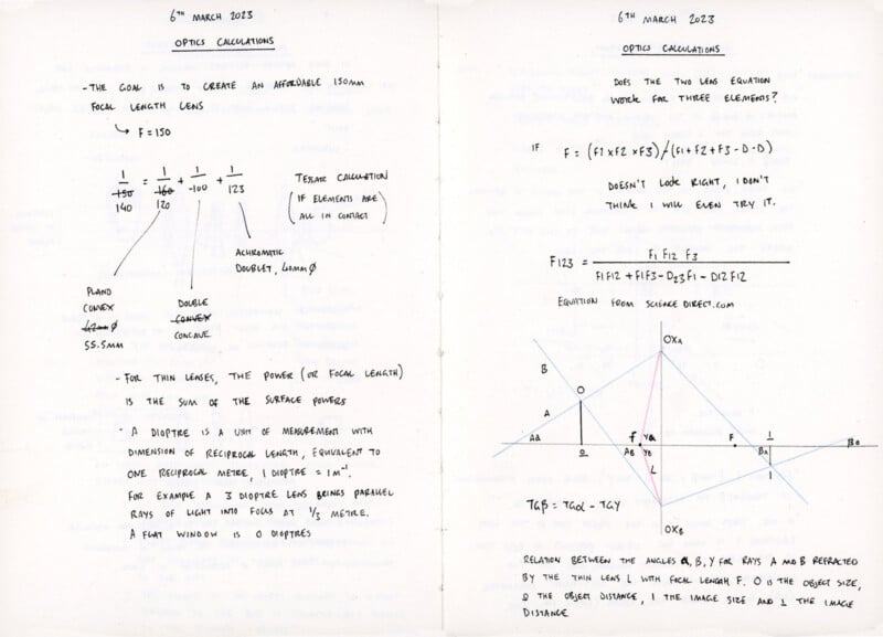 Two pages of handwritten notes dated 6th March 2023, titled "Optics Calculations". The pages include various calculations, diagrams, and annotated equations, focusing on focal lengths and lens equations. A detailed ray diagram illustrates image formation. .