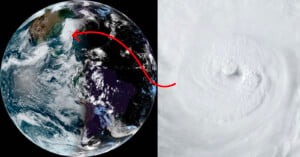 A composite image showing Earth from space on the left and a close-up of a swirling hurricane on the right. A red arrow is drawn from a point on Earth's western hemisphere to the hurricane, indicating the location of the storm.