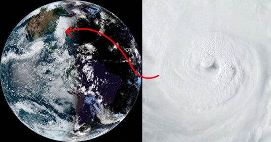 A composite image showing Earth from space on the left and a close-up of a swirling hurricane on the right. A red arrow is drawn from a point on Earth's western hemisphere to the hurricane, indicating the location of the storm.