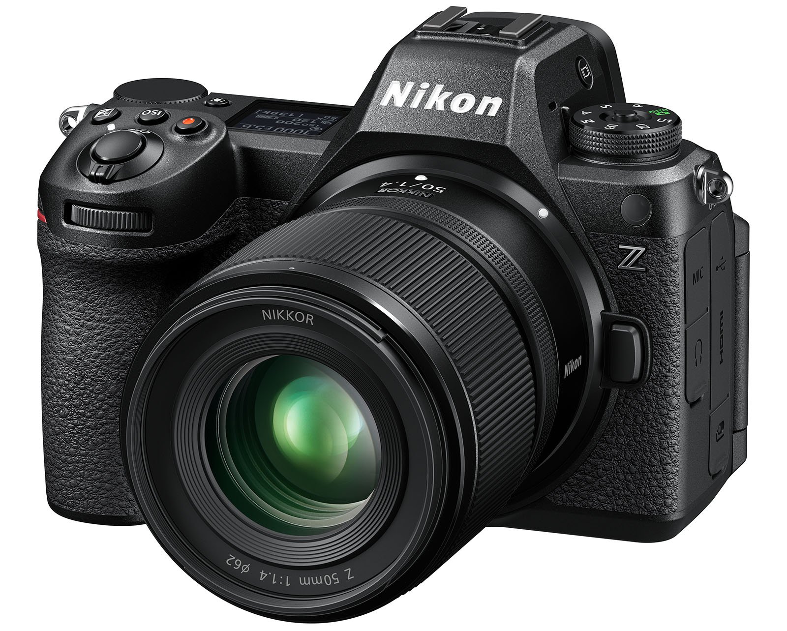 A Nikon Z series mirrorless camera with a large lens attached. The camera features numerous buttons and dials for settings adjustment, a textured grip, and the Nikon logo prominently displayed above the lens. The lens is marked "NIKKOR Z 50mm f/1.4 S".