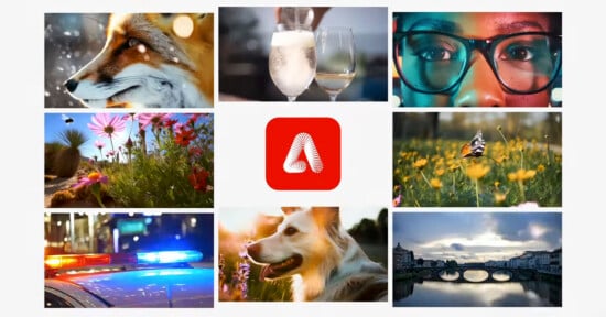 A collage of eight images surrounds a red square with a white "A" logo. The images include a fox, cocktails, a person's eyes behind glasses, flowers, a butterfly, police car lights, a dog, and a scenic river with a bridge.