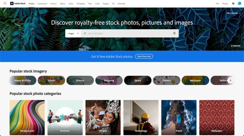 A screenshot of a stock photo website showing a search bar for finding royalty-free stock photos, pictures, and images. Categories displayed include Happy Birthday, School, Science, Shopping, Space, Flowers, and Wallpaper, with image thumbnails below.