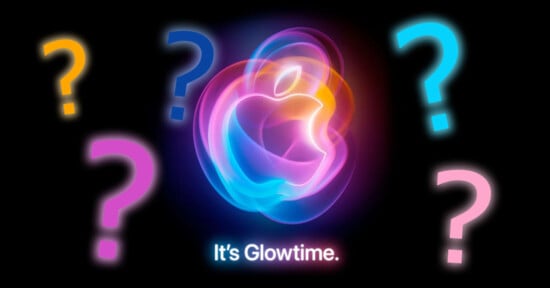 A luminous, multicolored Apple logo is centered against a black background with the words "It's Glowtime." in white text below it. Surrounding the logo are question marks in various colors, including yellow, purple, blue, and pink, each emitting a glow.