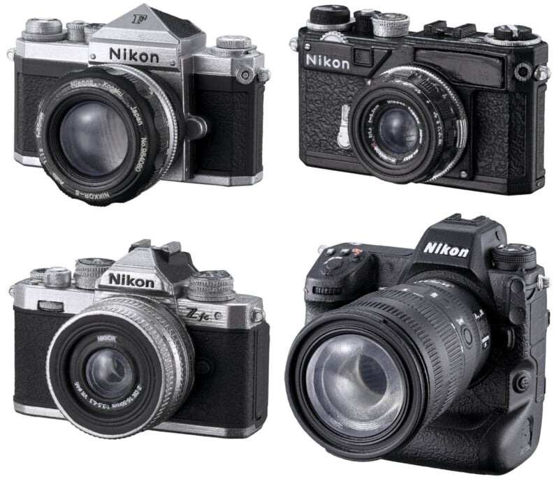 Four Nikon cameras are displayed. The top left has a classic silver and black design, the top right is a vintage black model, the bottom left is a modern silver and black model, and the bottom right is a contemporary black DSLR with a large lens.