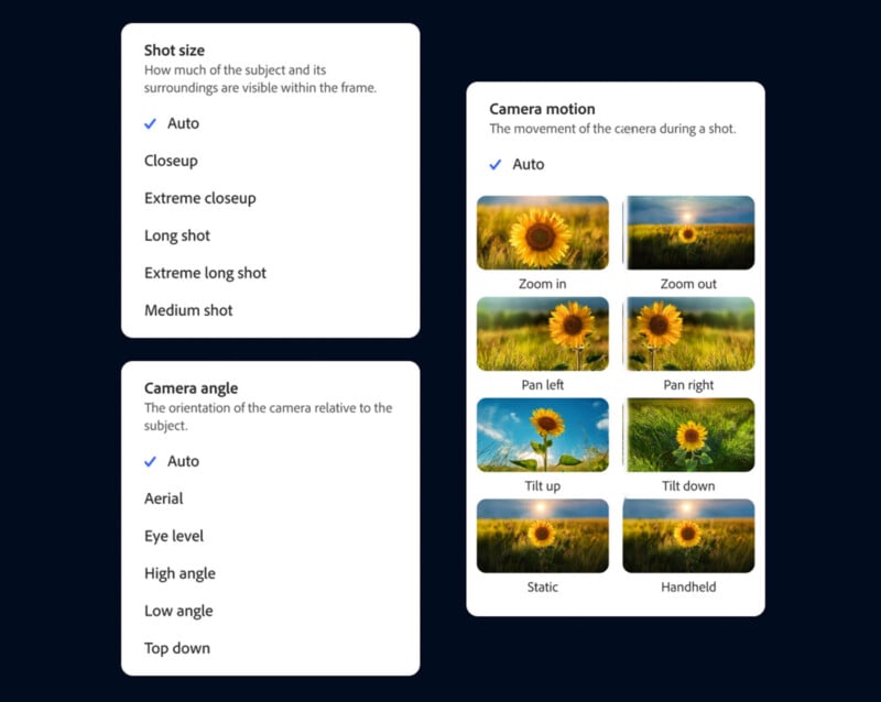 An image demonstrating different camera techniques: shot size (auto, closeup, extreme closeup, long shot, extreme long shot, medium shot), camera angle (auto, aerial, eye level, high angle, low angle, top down), and camera motion (auto, zoom in, zoom out, pan left, pan right, tilt up, tilt down, static, handheld). Each technique is illustrated with an image, primarily using sunflowers in a field.