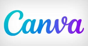 The image shows the Canva logo, featuring the word "Canva" written in a smooth, cursive font. The letters transition from a teal color at the "C" to a purple color at the "a." The background is a simple, light grey gradient.