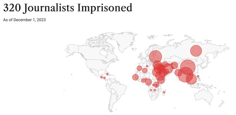 A world map displaying red circles of varying sizes indicating the number of imprisoned journalists as of December 1st, 2023. Larger circles are concentrated in North Africa, the Middle East, and Asia, with a total of 320 journalists imprisoned globally.