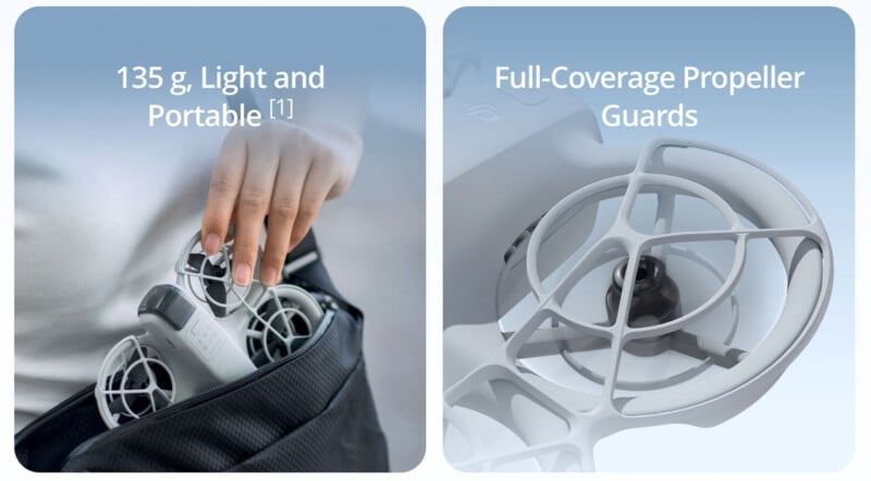 The image is divided into two sections. The left side shows a close-up of a hand placing a compact 135 g drone into a bag with the text "135 g Light and Portable." The right side displays a drone’s propeller guards with the text "Full-Coverage Propeller Guards.