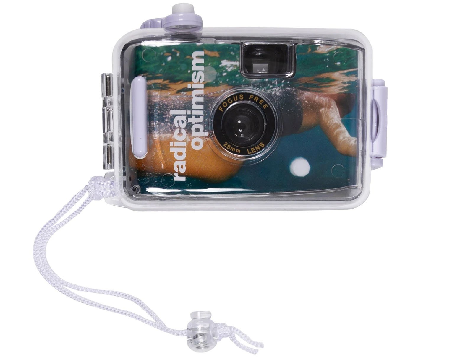 A transparent waterproof camera with a wrist strap labeled "radical optimism." The camera has a focus-free 28mm lens and an underwater image with a swimmer's arm visible through the lens display.