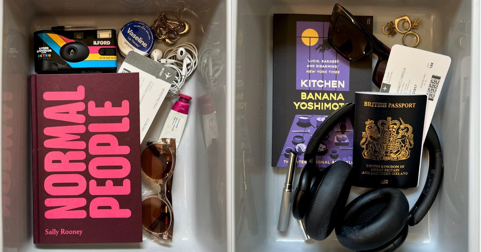 Two trays at an airport security checkpoint. The left tray contains a book titled "Normal People," sunglasses, a keychain, wired earphones, and miscellaneous small items. The right tray holds another book, a pair of sunglasses, a British passport, headphones, and a boarding pass.