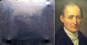 Left side: A worn, scratched, and faded metal surface with indistinct shapes, possibly old photographic equipment or an image. Right side: A portrait of a middle-aged man with light skin, short hair, and dressed in 19th-century attire, looking forward.