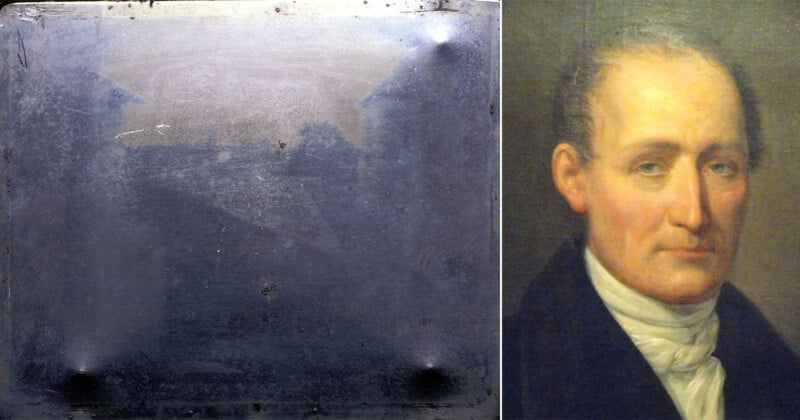 Left side: A worn, scratched, and faded metal surface with indistinct shapes, possibly old photographic equipment or an image. Right side: A portrait of a middle-aged man with light skin, short hair, and dressed in 19th-century attire, looking forward.