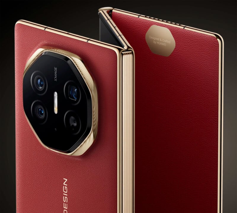 A close-up of a red leather-textured foldable smartphone with a gold trim. One view shows the octagonal rear quad-camera setup labeled "X-MAGE," while the other displays the partially folded screen and the text "Designed & Crafted by Huawei" on a gold label.