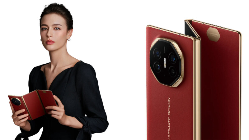 A person in a black outfit holds a luxurious red foldable phone with a gold edge. The phone's large, multi-lens camera array and the phrase "Ultimate Design" are visible. Another angle of the phone shows its stylish form and premium finish.