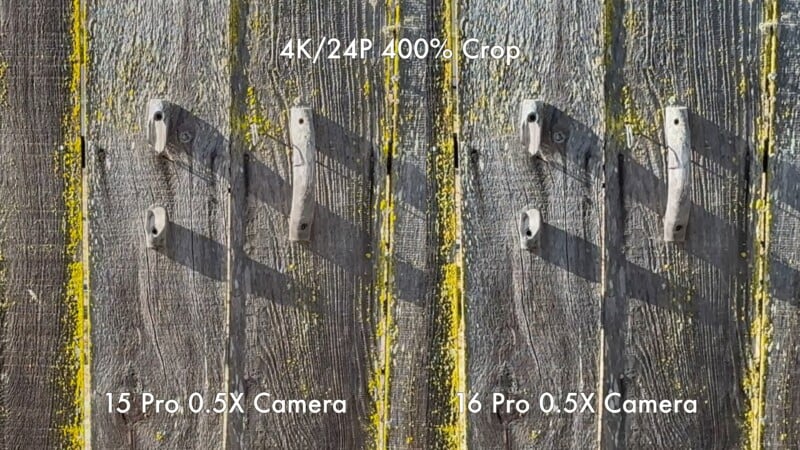 Comparative image showing the quality of 4K video at 400% crop between two cameras. The left side, labeled "15 Pro 0.5X Camera," displays more noise and less detail, while the right side, labeled "16 Pro 0.5X Camera," shows clearer, sharper details.