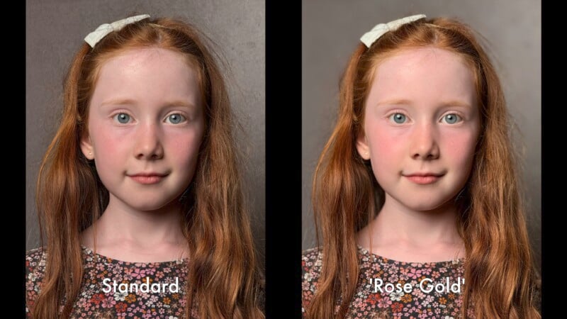 A side-by-side comparison of two portrait photos of a young girl with long red hair, wearing a floral dress and a hair bow. The left photo is labeled "Standard" and the right photo is labeled "Rose Gold." The "Rose Gold" image has a warmer tint.