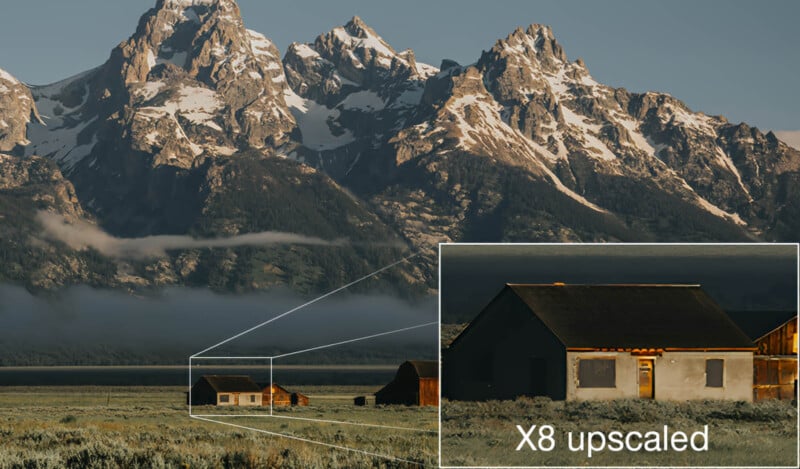 A scenic image showcases a small house set in a vast field with majestic mountains in the background. A zoomed-in inset on the right displays the house upscaled to 8 times its original size, revealing more detail. The inset is labeled "X8 upscaled.