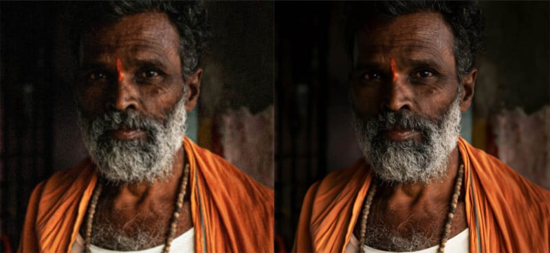 Split image: On the left, a man with a greying beard and a red tilak on his forehead wearing an orange garment is depicted in dim light. On the right, the same man in a brightened, clearer version of the same photo.