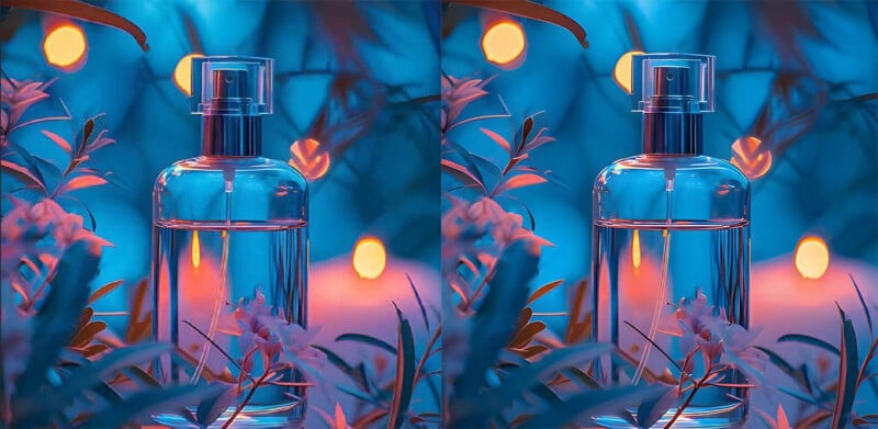 A clear glass perfume bottle with a pump sits surrounded by lush, leafy plants and small white flowers. The background features soft, glowing lights, casting a dreamy, ethereal blue and orange ambiance over the scene.