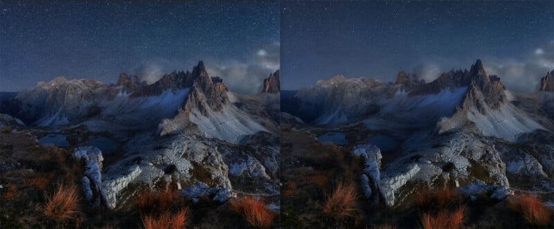 A stunning mountainous landscape is shown in two side-by-side images, transitioning from early night on the left to full night on the right. The mountains are jagged and rocky, with small patches of snow and red foliage in the foreground. The sky is filled with stars.