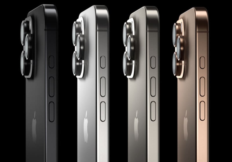  black, silver, green, and bronze. The devices have protruding dual camera lenses and side buttons. The Apple logo is faintly visible on the back of each phone, set against a black background.