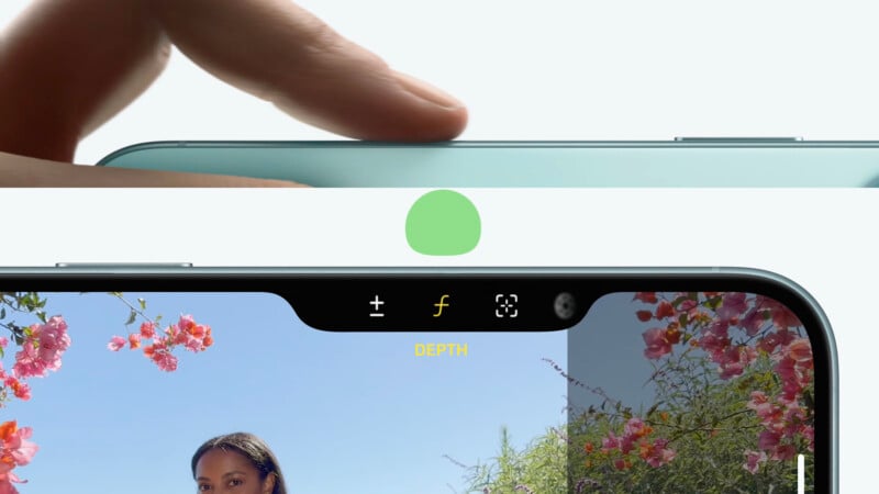 A finger touches the side of a smartphone. Below, the smartphone screen displays a camera interface with a depth effect enabled, showing a portrait of a person against a background of blue sky and flowering plants.