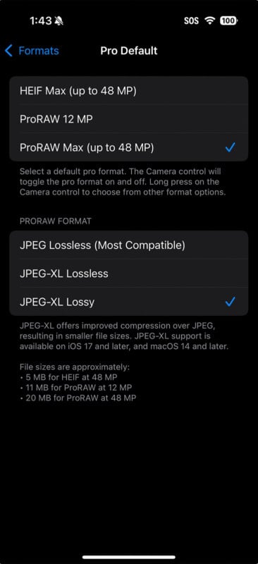 A smartphone screen displays the Pro Default camera formats settings. Options include HEIF Max (up to 48 MP), ProRAW 12 MP, and ProRAW Max (up to 48 MP). It also shows settings for ProRAW format, including JPEG Lossless (Most Compatible), JPEG-XL Lossless, and JPEG-XL Lossy.