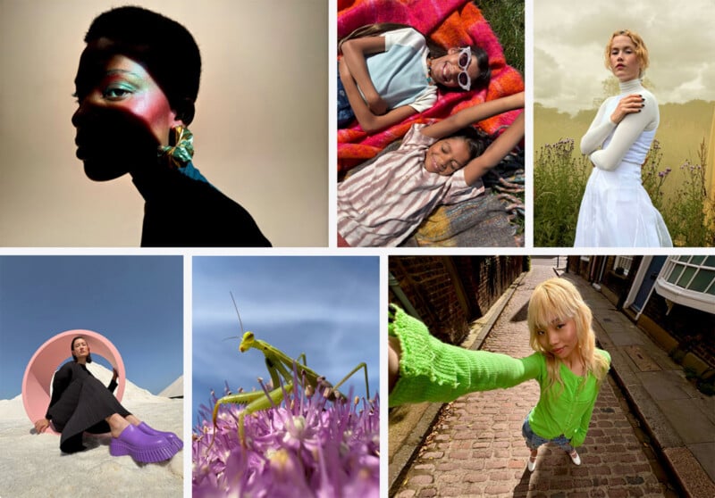 A collage of six vibrant photos: A striking profile of a woman with colorful makeup, two people lying on a blanket outdoors wearing sunglasses, a woman in a white dress standing in a field, a person on a sunny rooftop, a close-up of a praying mantis, a person in a bright green sweater taking a selfie on a cobblestone street.