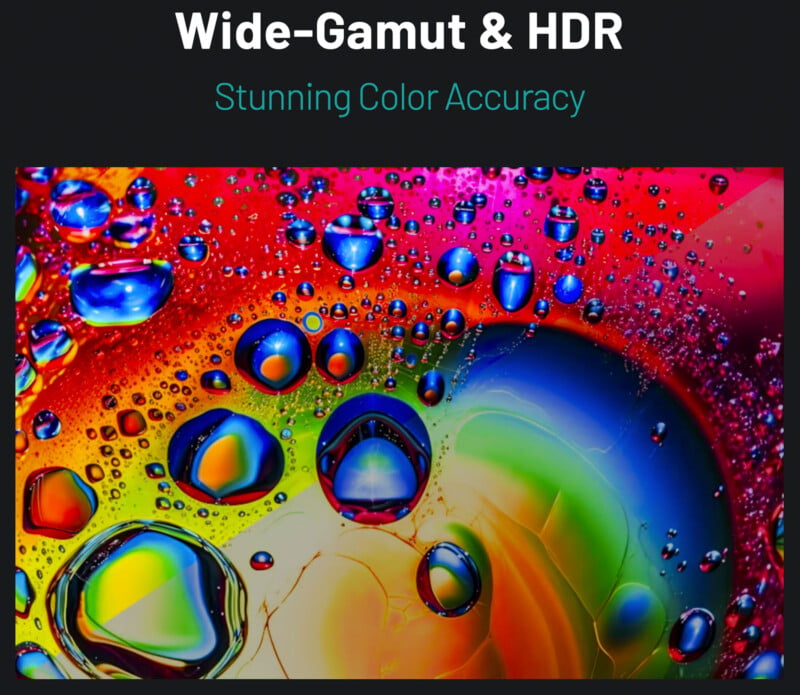 An abstract image showcasing vibrant colors and combining wide-gamut and HDR technology for stunning color accuracy. The design features a mix of reds, blues, greens, and yellows with various bubbles and shapes, emphasizing vivid and dynamic contrasts.