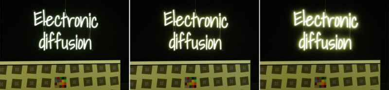 A triptych showing the gradual change in a fluorescent yellow-green sign that reads "Electronic diffusion" from blurry on the left to sharper in the center and right image. Below the sign are rows of color swatches and a color calibration chart.