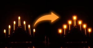 A dark background with two sets of candle holders. On the left, seven candles are lit in descending order from the center. An orange arrow points to the right, where all ten candles are brightly lit in a similar descending order from the center.