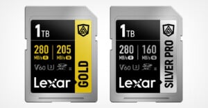 The image shows two Lexar SD cards. The one on the left is a 1TB Gold card with read speeds of 280 MB/s and write speeds of 205 MB/s, while the one on the right is a 1TB Silver Pro card with read speeds of 280 MB/s and write speeds of 160 MB/s.