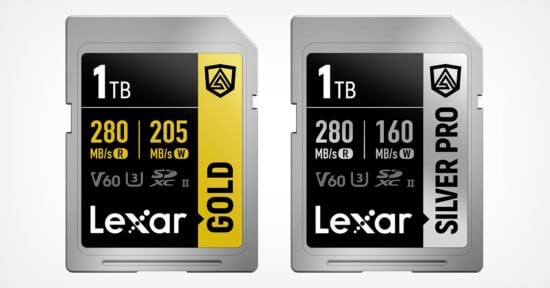 The image shows two Lexar SD cards. The one on the left is a 1TB Gold card with read speeds of 280 MB/s and write speeds of 205 MB/s, while the one on the right is a 1TB Silver Pro card with read speeds of 280 MB/s and write speeds of 160 MB/s.