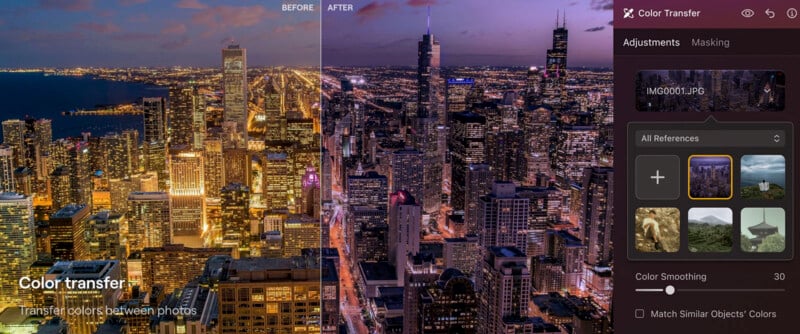 An image editing interface shows a cityscape divided into "Before" and "After" sections to demonstrate color transfer effects. The adjustment panel on the right side displays various color transfer options, a slider for color smoothing, and a "Match Similar Objects' Colors" checkbox.