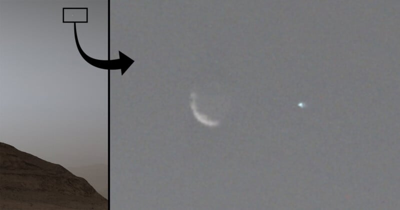 A photo featuring a split view: on the left, a serene mountainous landscape under a gray sky with a tiny bright dot visible. On the right, a close-up zooming in on that dot reveals a crescent moon-like shape and a bright star-like object against a gray background.