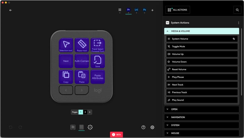 A software interface displays a customizable control pad with eight buttons, each labeled with icons for different functions like "Next," "Auto Center," and "Copy." On the right, a sidebar lists various system actions such as volume control and media playback options.