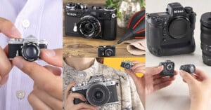 A collage of images featuring miniature Nikon cameras being held by various hands. The cameras are highly detailed replicas of different Nikon camera models, including a vintage style and a modern DSLR. Some accessories like lenses and a blower also appear alongside the cameras.