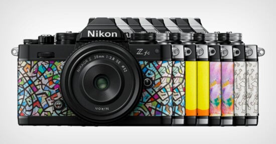 A Nikon Z fc camera is displayed with six interchangeable decorative covers in various patterns including colorful mosaic, yellow, and abstract designs. The lens is labeled "NIKKOR Z 28mm 1:2.8 SE." The background is light gray.