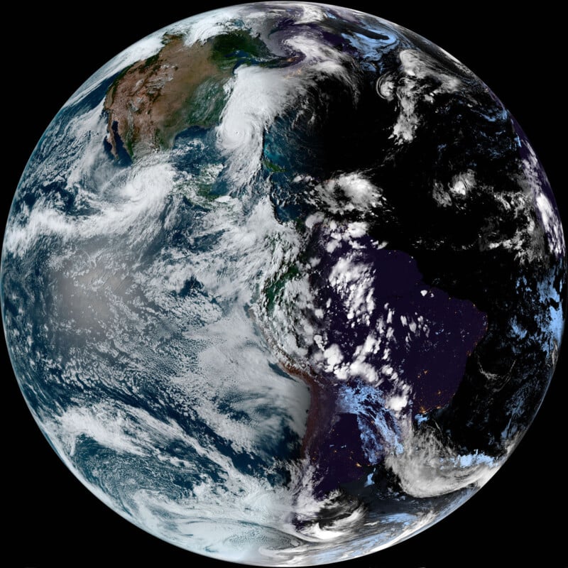 A high-resolution image of Earth showing the Western Hemisphere. North and South America are visible, with varied cloud formations over the continents and oceans. Daylight illuminates parts of North America, while South America is mostly in shadow, depicting day and night.