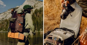 Left image: Person at a lake in the mountains, wearing a hat and a green jacket, carrying a large backpack and a foam sleeping pad. Right image: Close-up of a person organizing a camera and gear in a backpack compartment on dry grass.