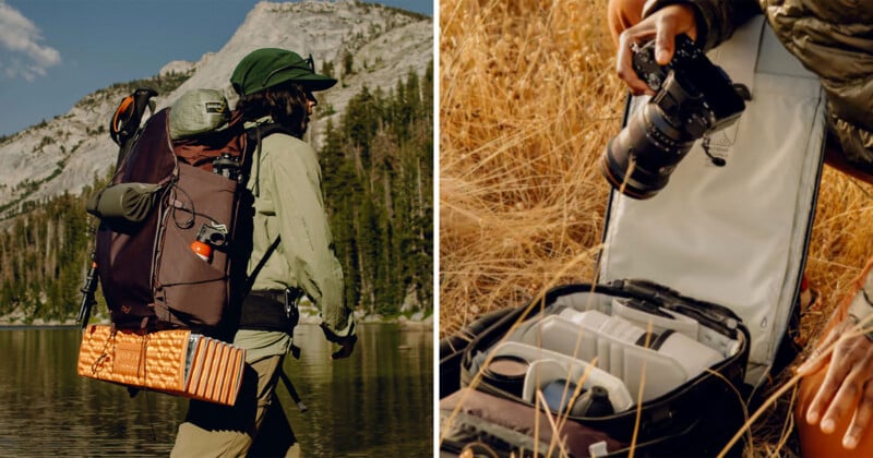  Close-up of a person organizing a camera and gear in a backpack compartment on dry grass.