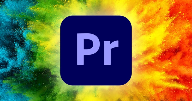 A bold purple "Pr" logo is centered on a dark blue square against a vibrant, colorful explosion background, featuring hues of green, yellow, blue, red, and orange blending together.