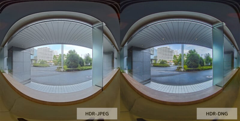 A side-by-side comparison of HDR-JPEG and HDR-DNG image formats as viewed from a doorway looking out at a landscape with buildings and greenery. The HDR-JPEG image is on the left, and the HDR-DNG image is on the right. The colors and lighting differ between the two.